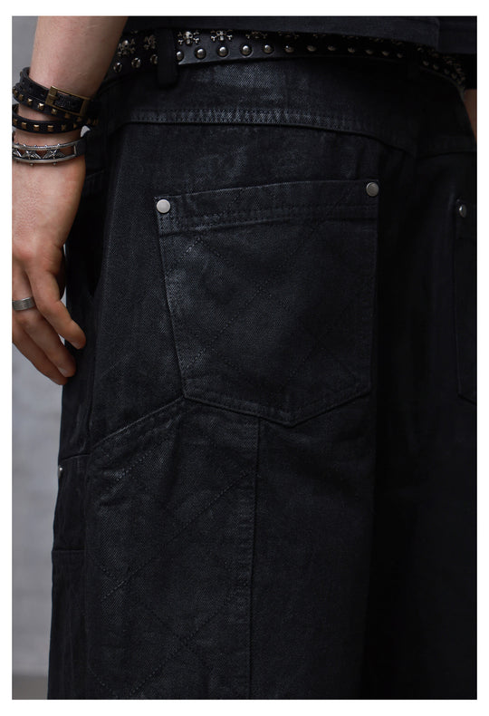 ANTIDOTE Brushed Waxed Studded Double Knee Cutoff Baggy Shorts | Face 3 Face