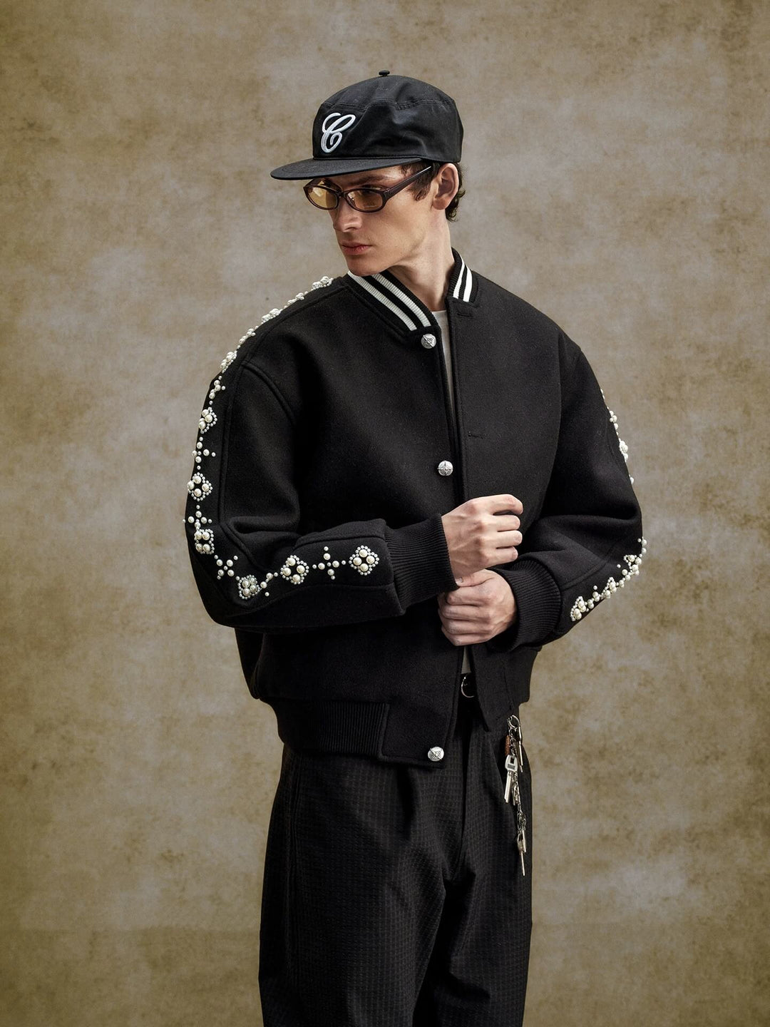 YADcrew Pearl Studded Metal Button Varsity Jacket | Face 3 Face