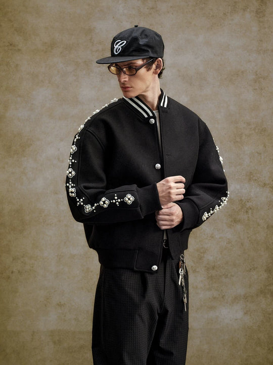 YADcrew Pearl Studded Metal Button Varsity Jacket | Face 3 Face