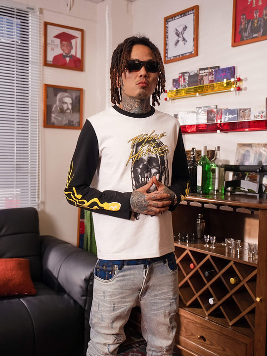 TGFCLUB Skull Print Color Block Slim Fit Long Sleeve Tee | Face 3 Face