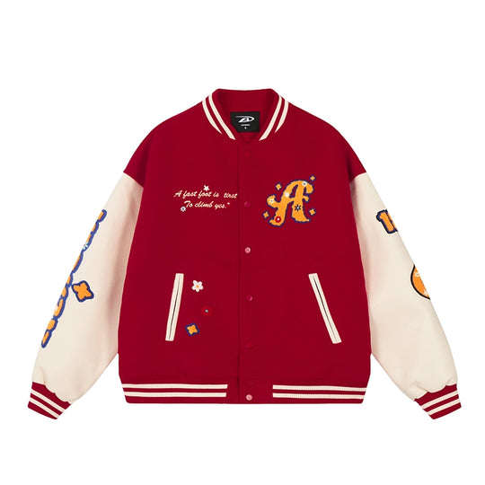 Achock Logo Embroidery Red Varsity Jacket | Face 3 Face