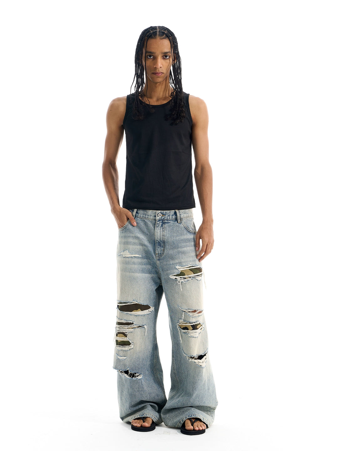 BLIND NO PLAN Washed Blue Ripped Camo Patch Baggy Jeans | Face 3 Face