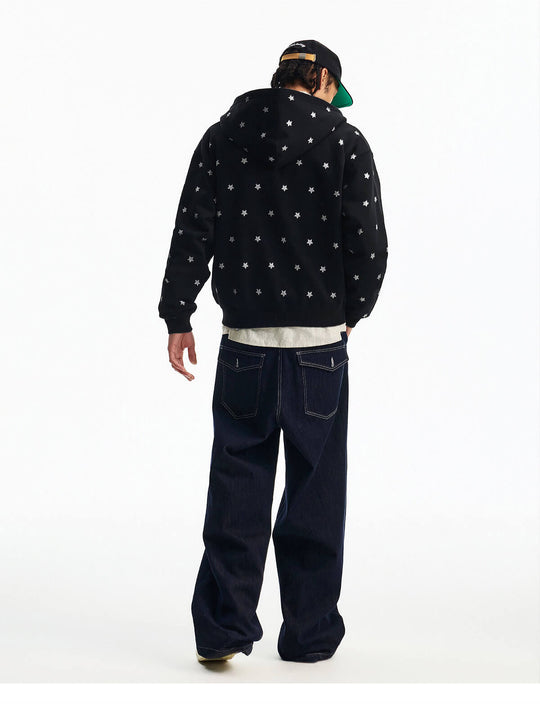 MEDM All Over Glitter Star Print Logo Patch Zip Up Hoodie | Face 3 Face