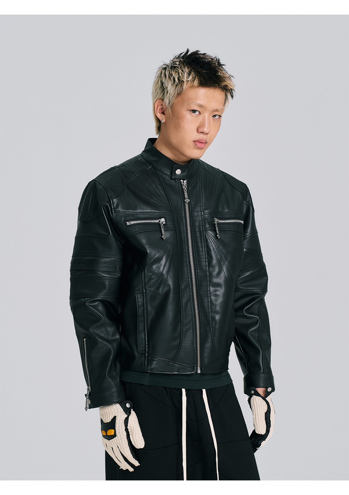 EVILKNIGHT(EK) Stitched Embossed Leather Rider Jacket | Face 3 Face