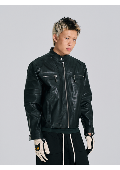 EVILKNIGHT(EK) Stitched Embossed Leather Rider Jacket | Face 3 Face