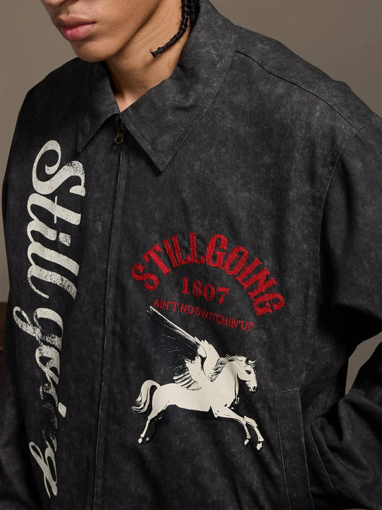1807 Pegasus Vintage Print Embroidered Detroit Jacket | Face 3 Face