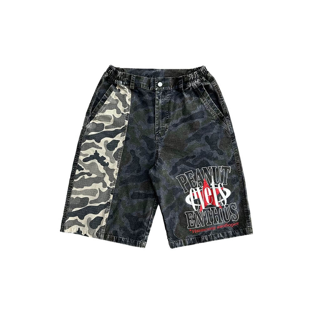EVETS Washed Faded Camouflage Patchwork Shorts | Face 3 Face