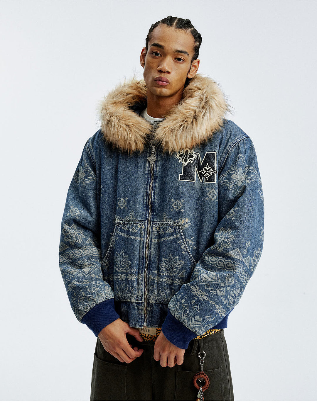 MEDM Ethnic Paisley Denim Hooded Jacket | Face 3 Face