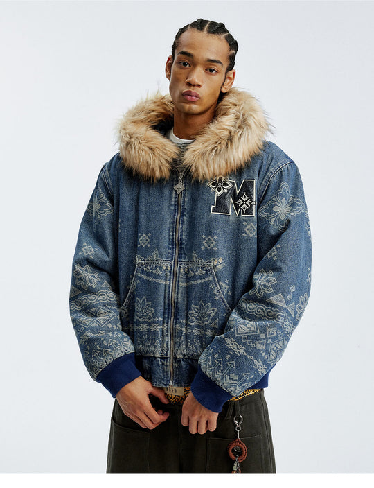 MEDM Ethnic Paisley Denim Hooded Jacket | Face 3 Face