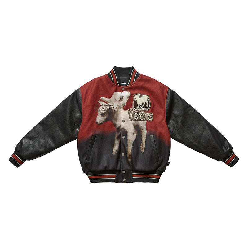 Remedy Sheep Full Print Pearl Embroidered Varsity Jacket | Face 3 Face