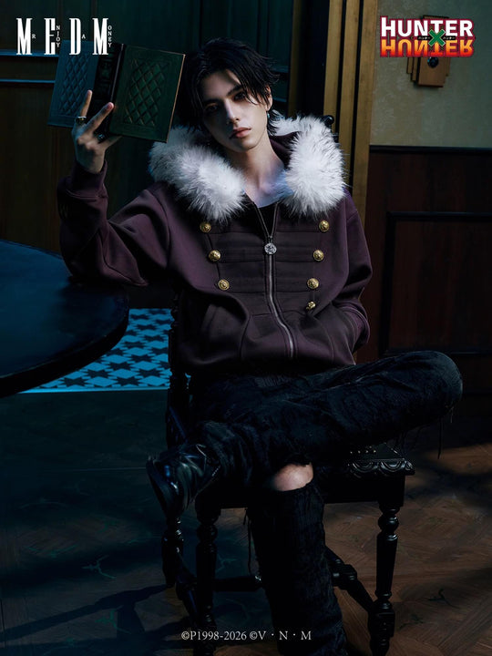 MEDM × HUNTER×HUNTER Kuroro Inverted Cross Patch Faux Fur Hood Zip Up Hoodie