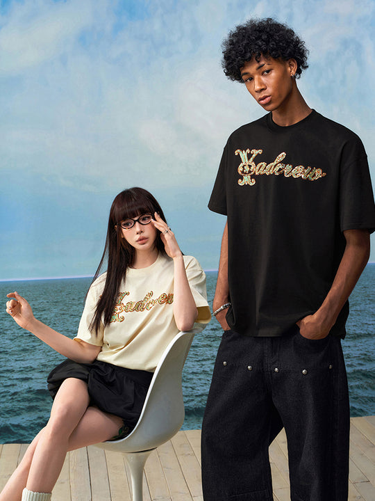 YADcrew Sequin and Bead Logo Embroidery Tee | Face 3 Face