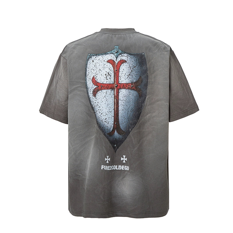 F2CE Washed Gradient Cracked Old Shield Print Tee | Face 3 Face