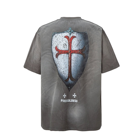 F2CE Washed Gradient Cracked Old Shield Print Tee | Face 3 Face