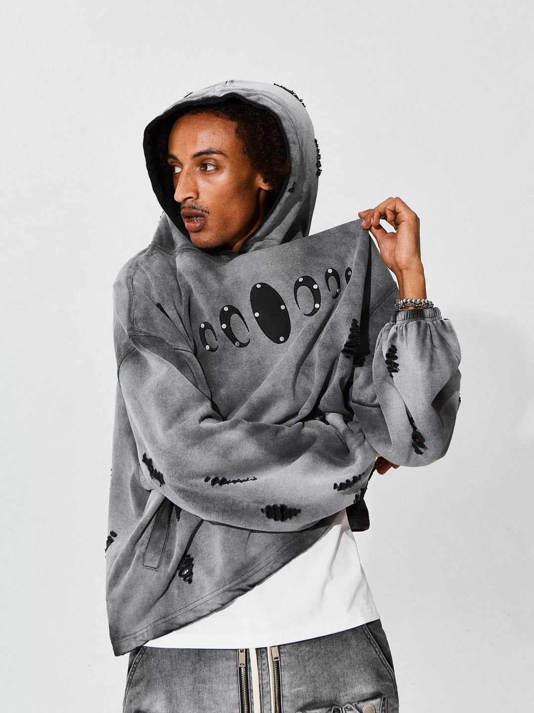 KARMANISTIC Distressed Washed Rivets Hoodie | Face 3 Face