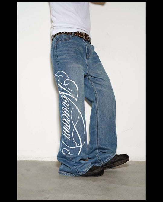 NOVACAM Vintage Washed Letter Print Flared Jeans | Face 3 Face