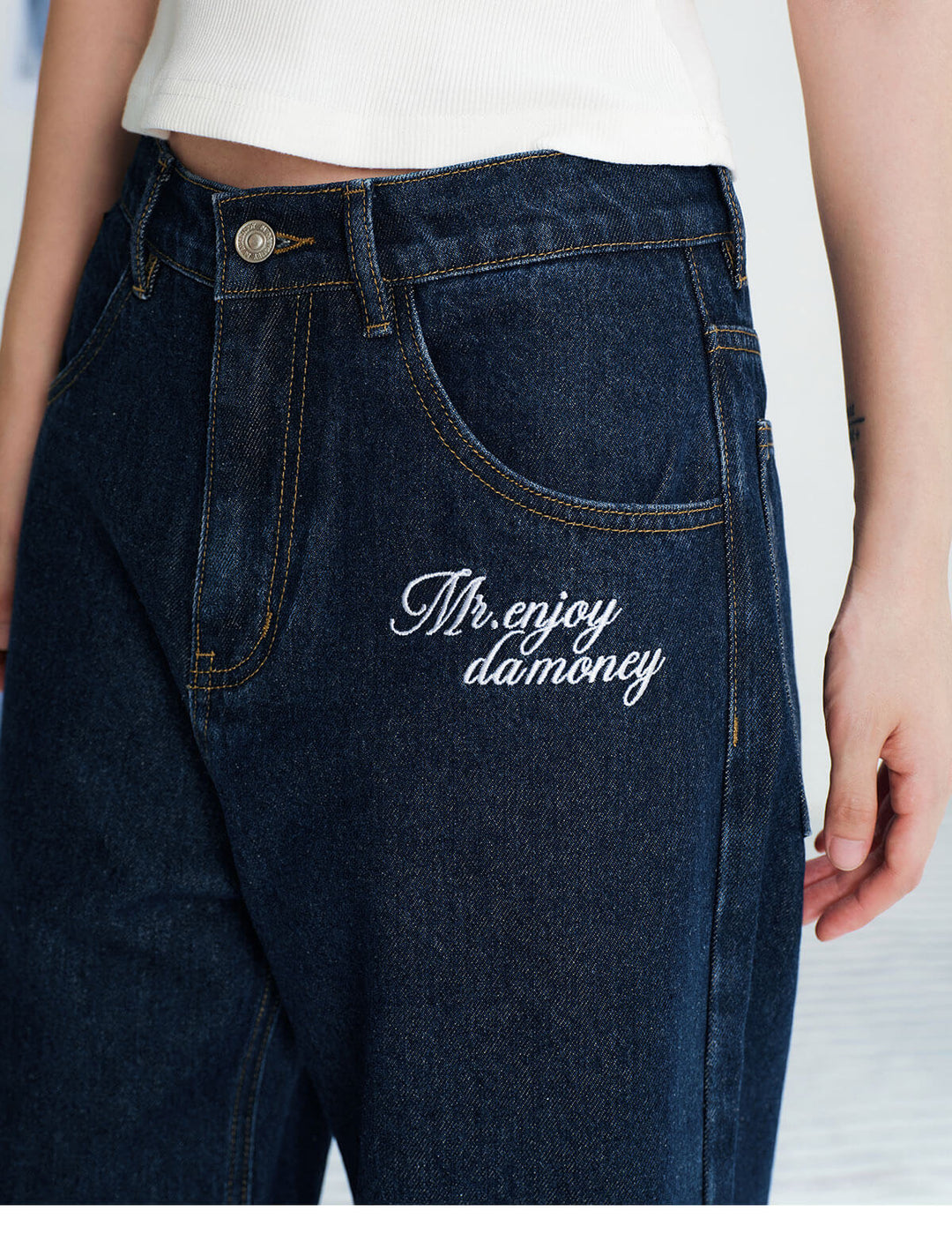 MEDM Leather Label Logo Embroidered Jeans | Face 3 Face