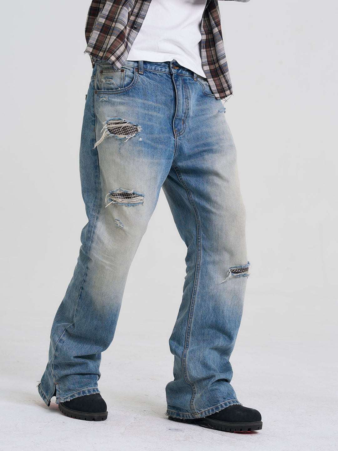 EVILKNIGHT(EK) Washed Checkered Patch Distressed Jeans | Face 3 Face