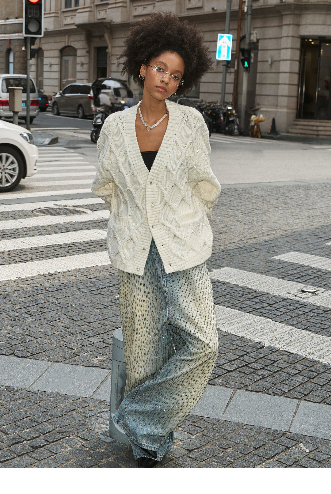 STEEPC Wool Blend Diamond Cable Knit Pearl Cardigan | Face 3 Face