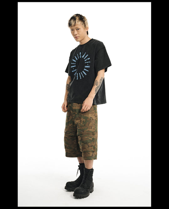 NOVACAM Circle Letter Vintage Washed Black Stitch Tee | Face 3 Face