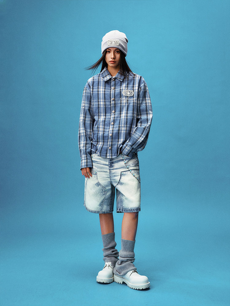 YADcrew Pearl-Embroidered Plaid Long-Sleeve Shirt | Face 3 Face