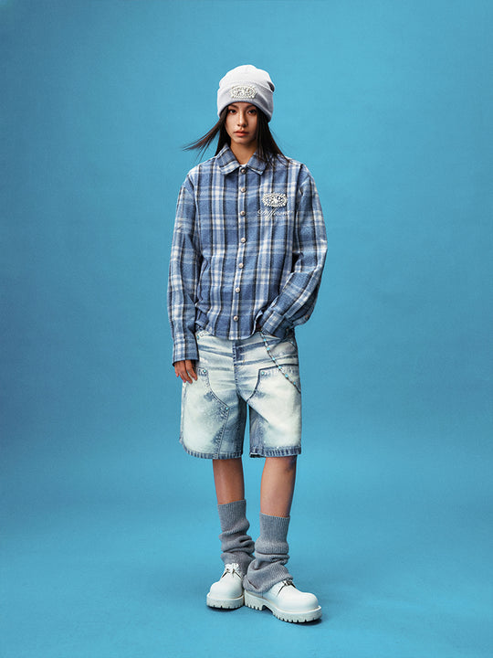 YADcrew Pearl-Embroidered Plaid Long-Sleeve Shirt | Face 3 Face