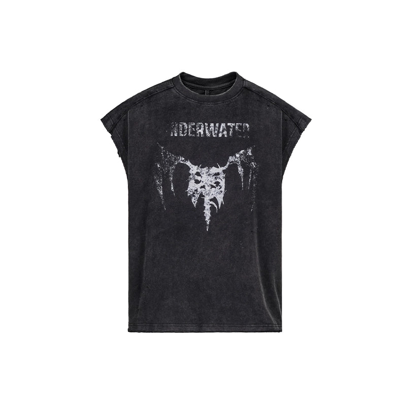 UNDERWATER Washed Devil Bone Print Distressed Sleeveless Tee | Face 3 Face