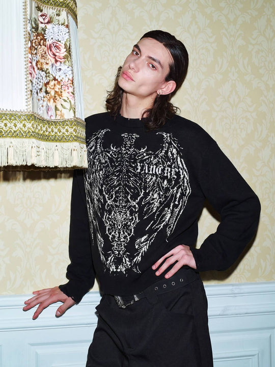 YADcrew Winged Skeleton Print Distressed Knit Sweater | Face 3 Face