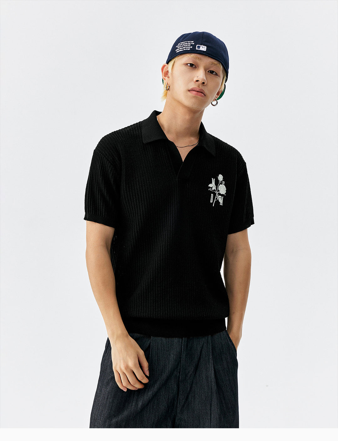 MEDM Rose Embroidered Textured Stripe Knit Polo | Face 3 Face