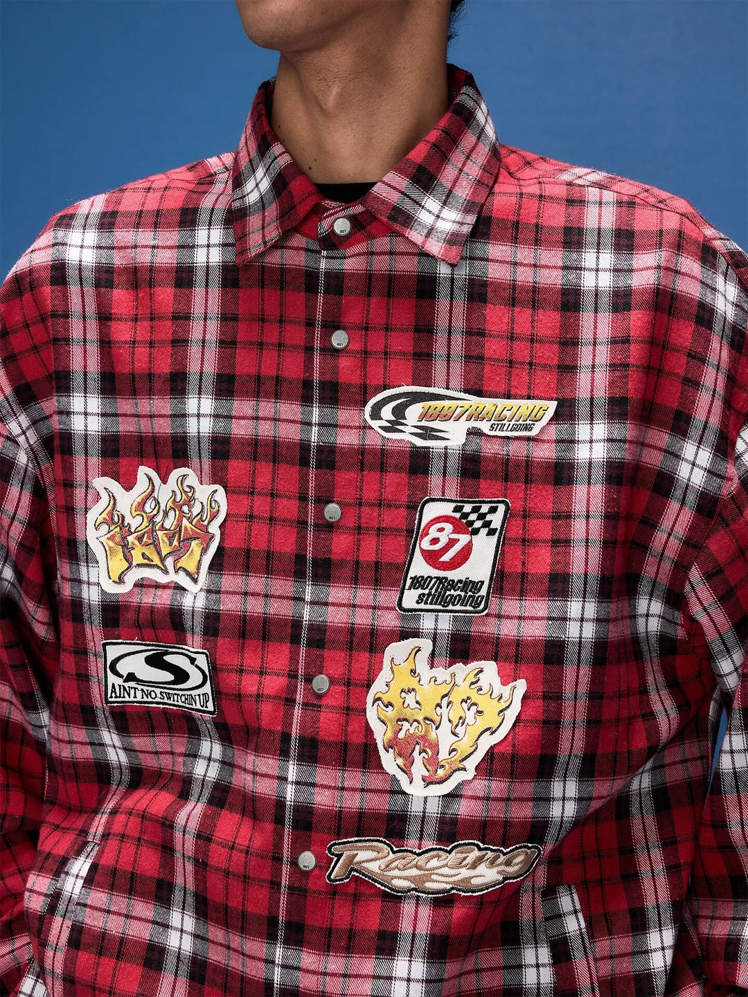 1807 Racing Printed Patch Plaid Long Sleeve Shirt | Face 3 Face