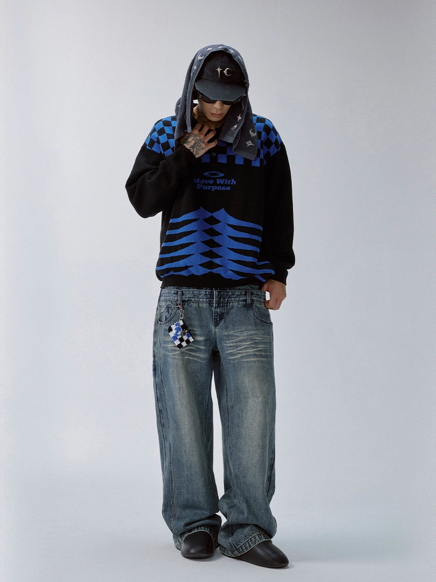 F2CE Checkerboard Pattern Polo Knit Sweater | Face 3 Face