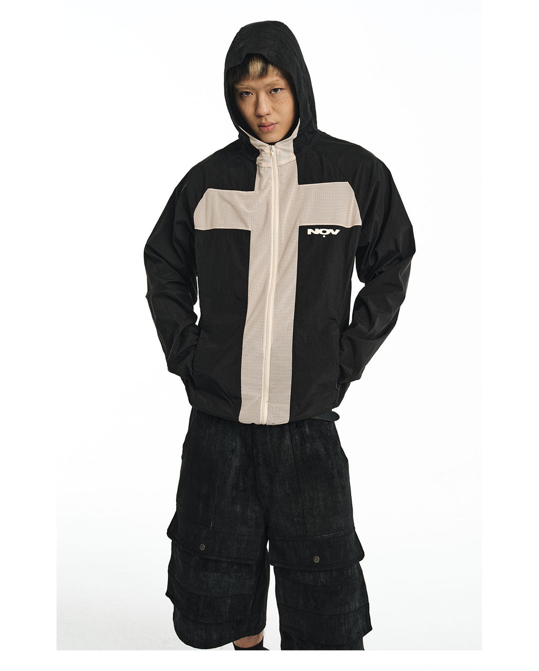NOVACAM Wrinkled Nylon Mesh-Paneled Hooded Track Jacket | Face 3 Face