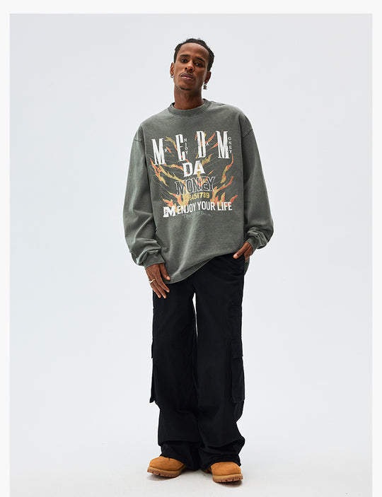 MEDM Flame Bones Graphic Washed Long Sleeve Tee | Face 3 Face