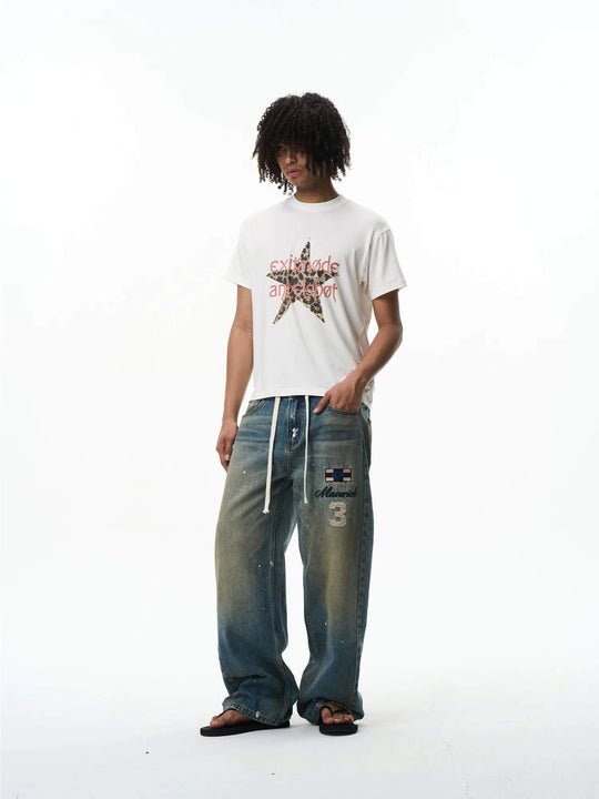 EXITMODE BY BLIND NO PLAN Washed Patch Embroidered Drawstring Baggy Jeans | Face 3 Face