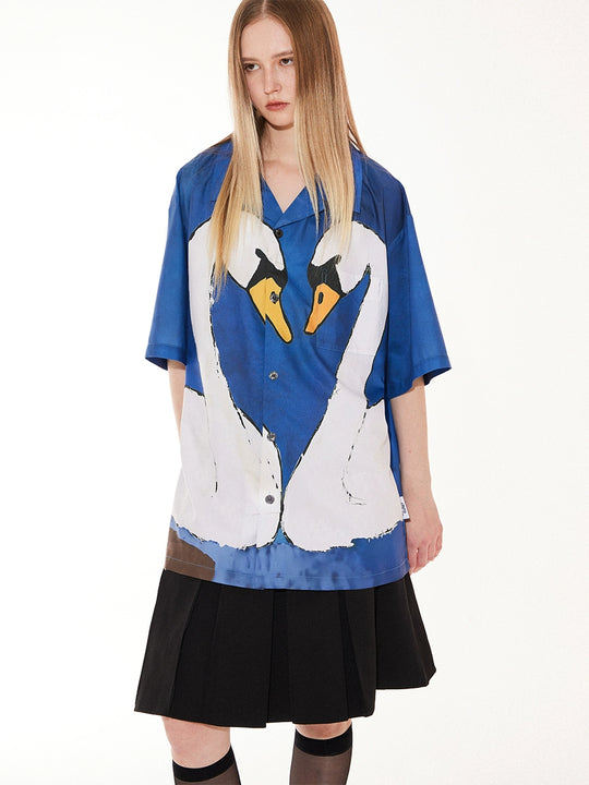 EMPTY REFERENCE Hand Painted Swan Print Short Sleeve Shirt | Face 3 Face