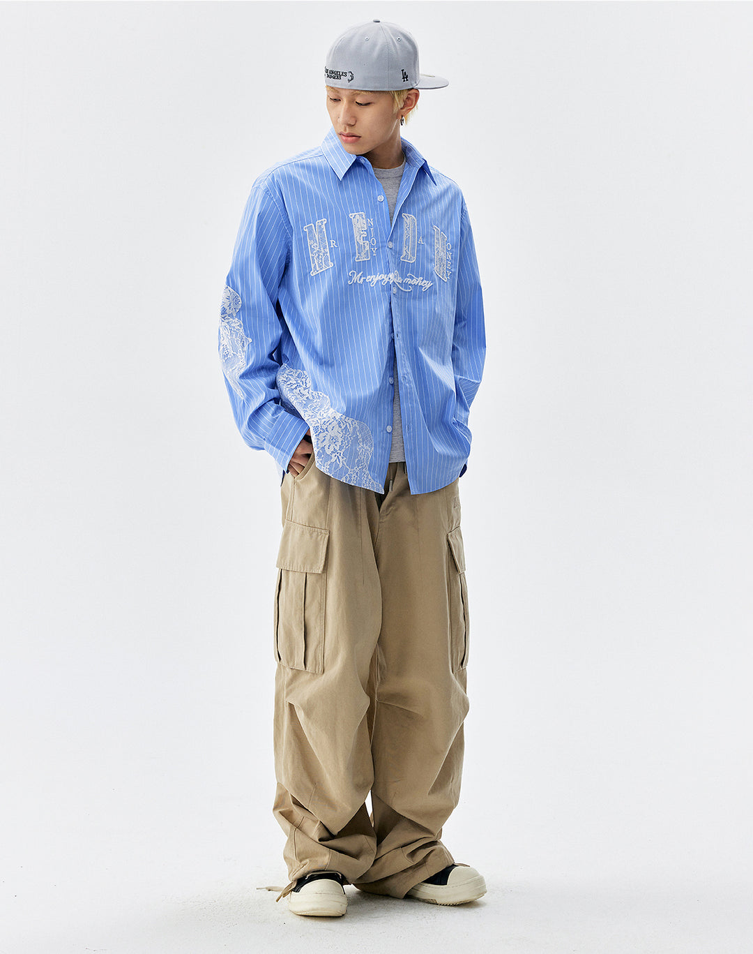 MEDM Lace Embroidered Striped Long Sleeve Shirt | Face 3 Face