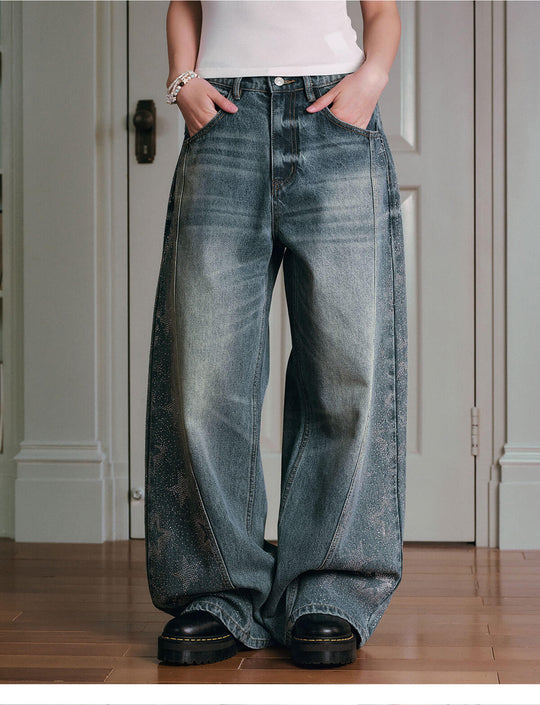 MEDM Rhinestone Star Washed Baggy Jeans | Face 3 Face
