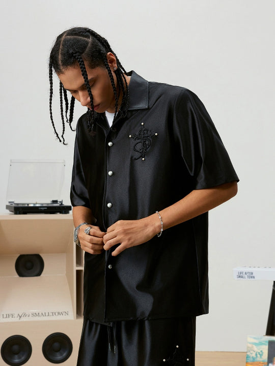 Small Town Kid 3D Cross Embroidered Satin Cuban Shirt Set | Face 3 Face