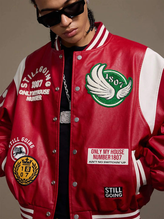 1807 PU Leather Patchwork Varsity Jacket | Face 3 Face