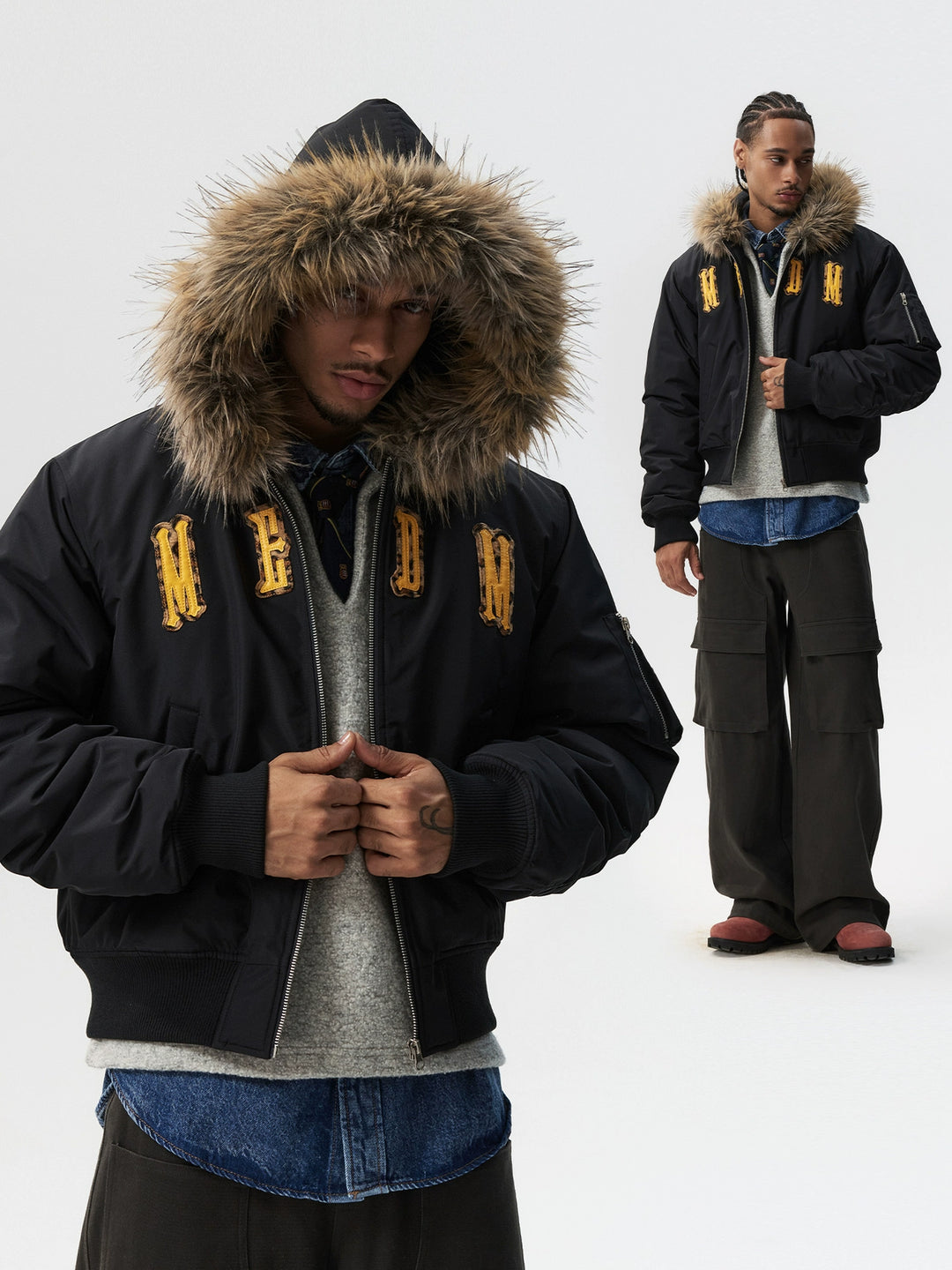 MEDM Animal Logo Patch Fur Hooded Bomber Jacket | Face 3 Face