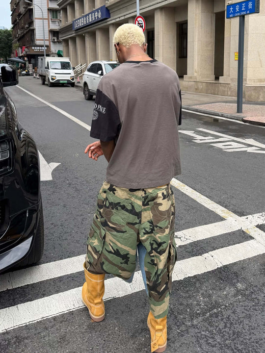 STEEPC M65 Camouflage Denim Rework Patchwork Baggy Cargo Shorts | Face 3 Face