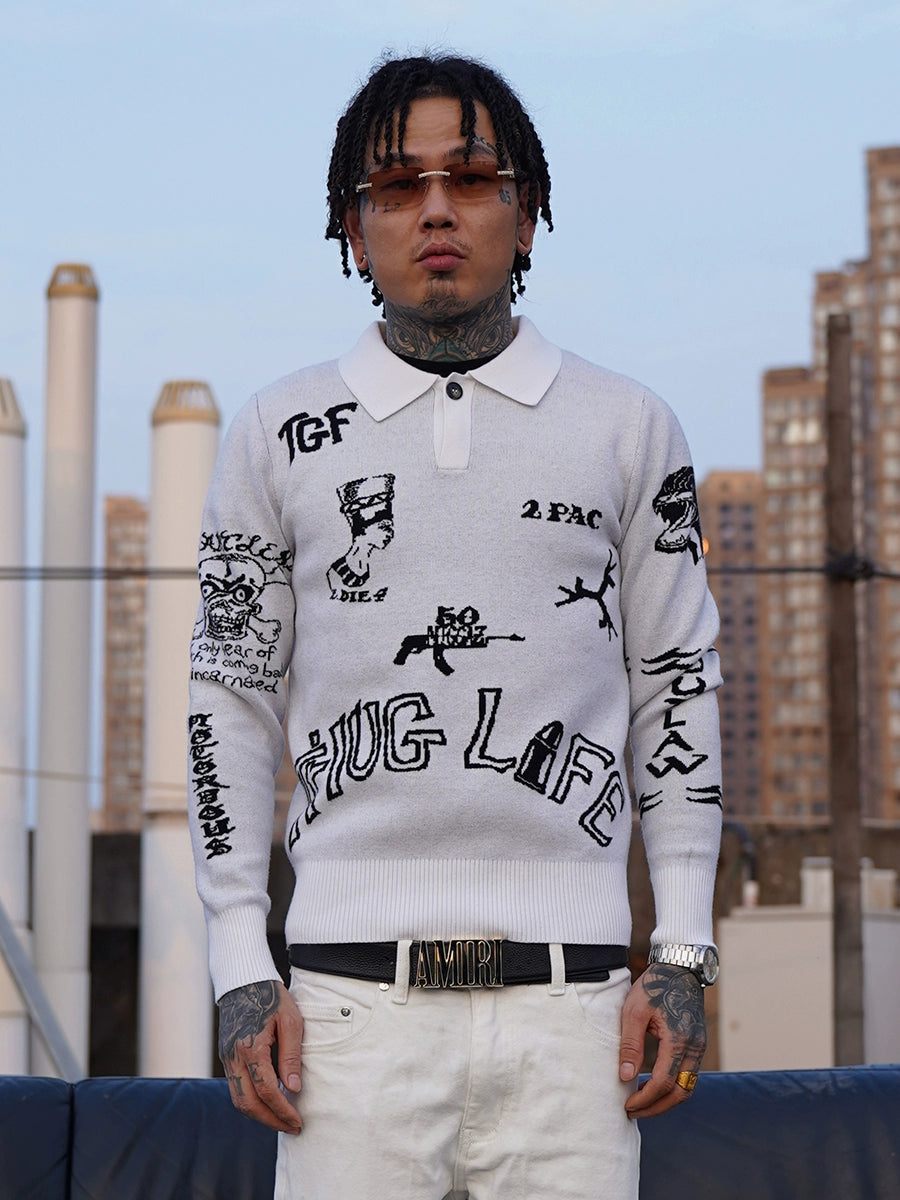 TGFCLUB 2PAC Tattoo Slim Fit Polo Knit Sweater | Face 3 Face