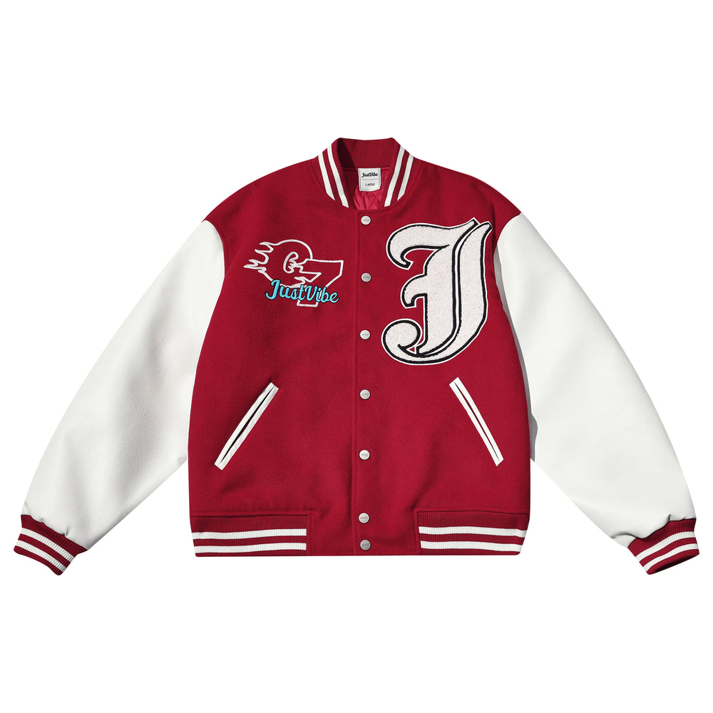 JUST VIBE Terry Big JV Logo PU Leather Varsity Jacket | Face 3 Face