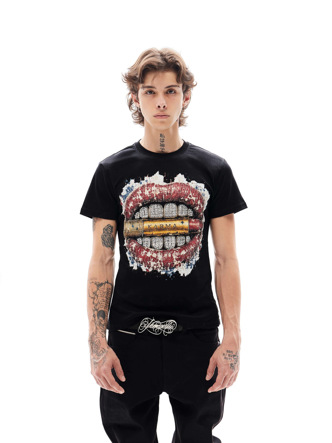 KARMANISTIC Lips Graphic Rhinestone Short Sleeve Tee | Face 3 Face