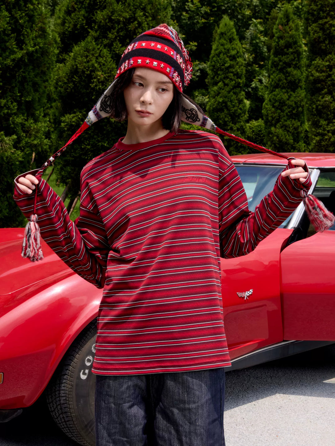 S45 Rhinestone Flame Stripe Long Sleeve Tee | Face 3 Face