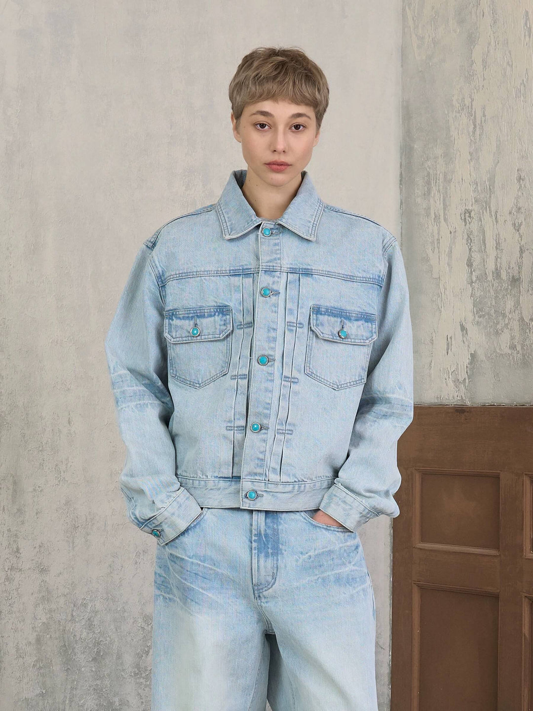 S45 Light Blue Heavy Washed Turquoise Button Denim Jacket | Face 3 Face