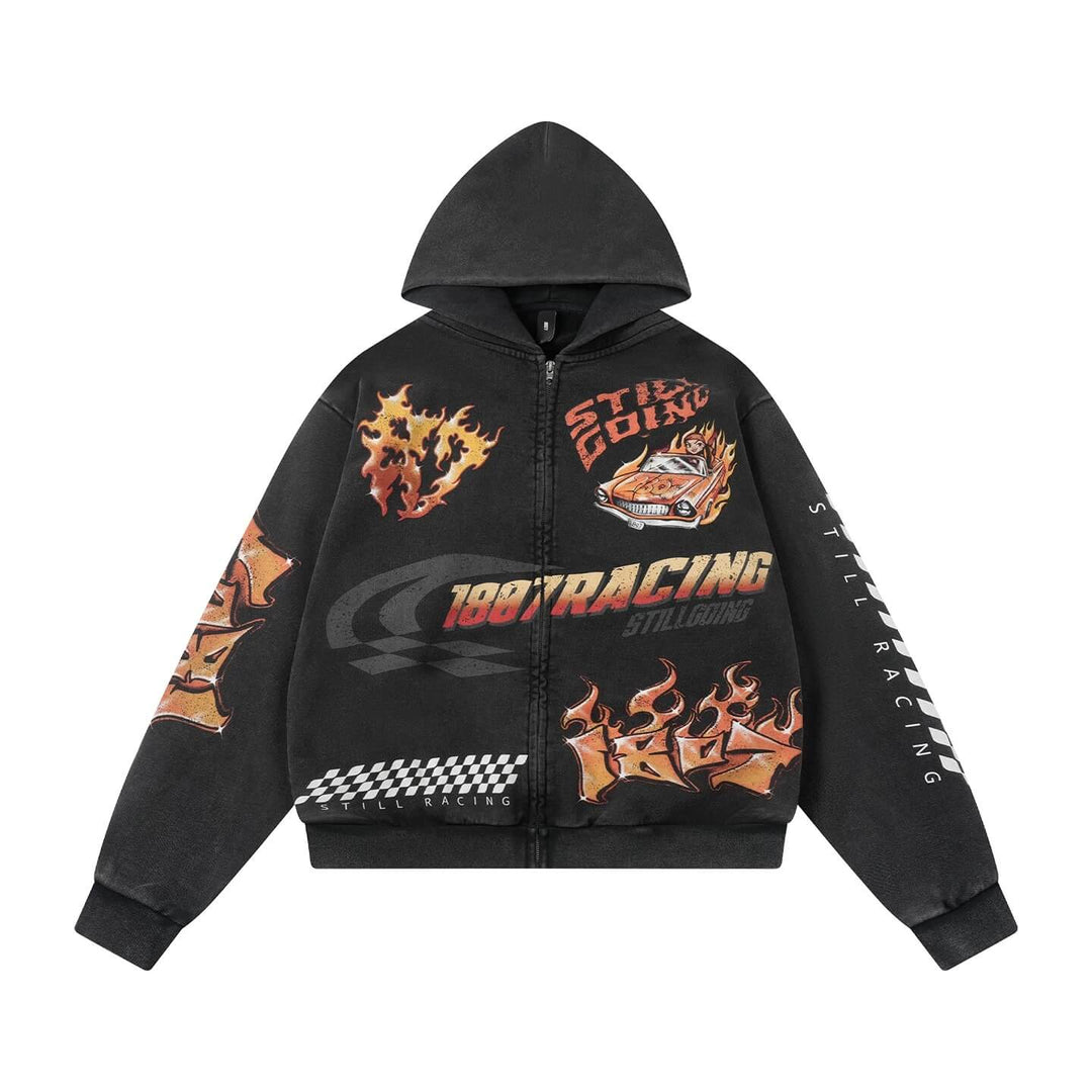 1807 Racing Graffiti Printed Washed Zip Up Hoodie | Face 3 Face