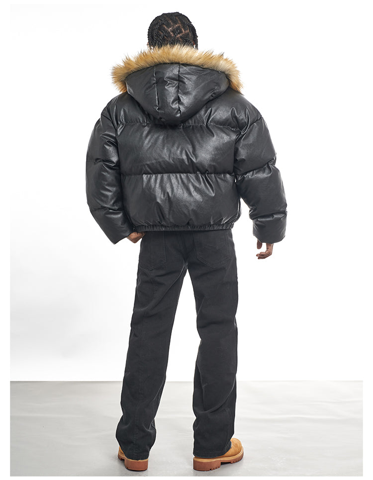F3F Select Fur Hooded Removable PU Leather Puffer Jacket | Face 3 Face