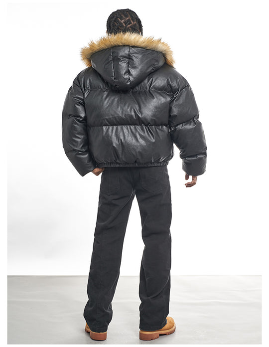 F3F Select Fur Hooded Removable PU Leather Puffer Jacket | Face 3 Face
