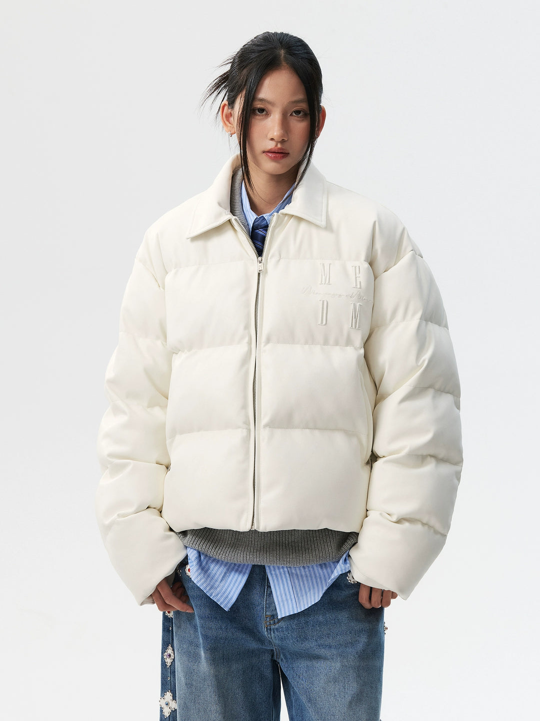 MEDM PU Leather 3D Embroidered Puffer Jacket | Face 3 Face